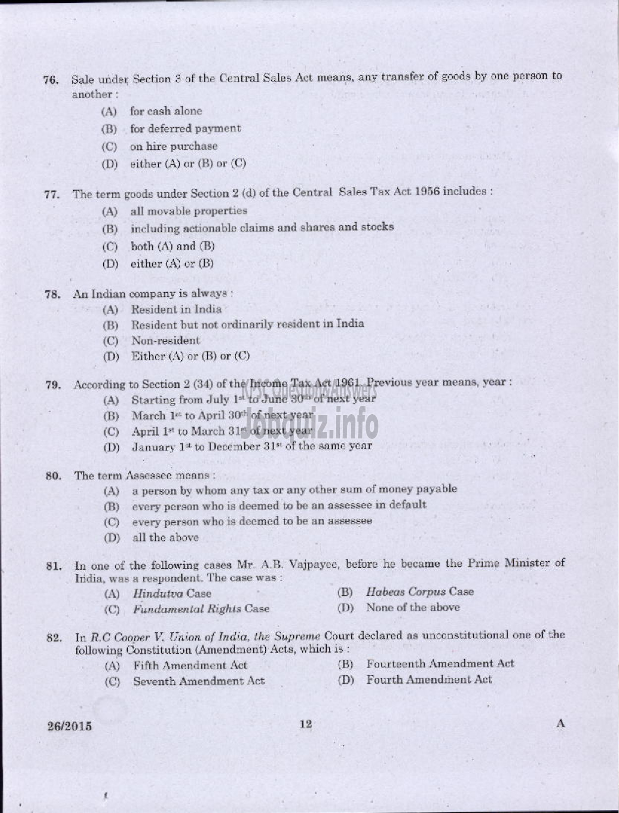 Kerala PSC Question Paper - COMMERCIAL TAX OFFICER SR FOR ST ONLY AND DIRECT COMMERCIAL TAXES DEPT-10
