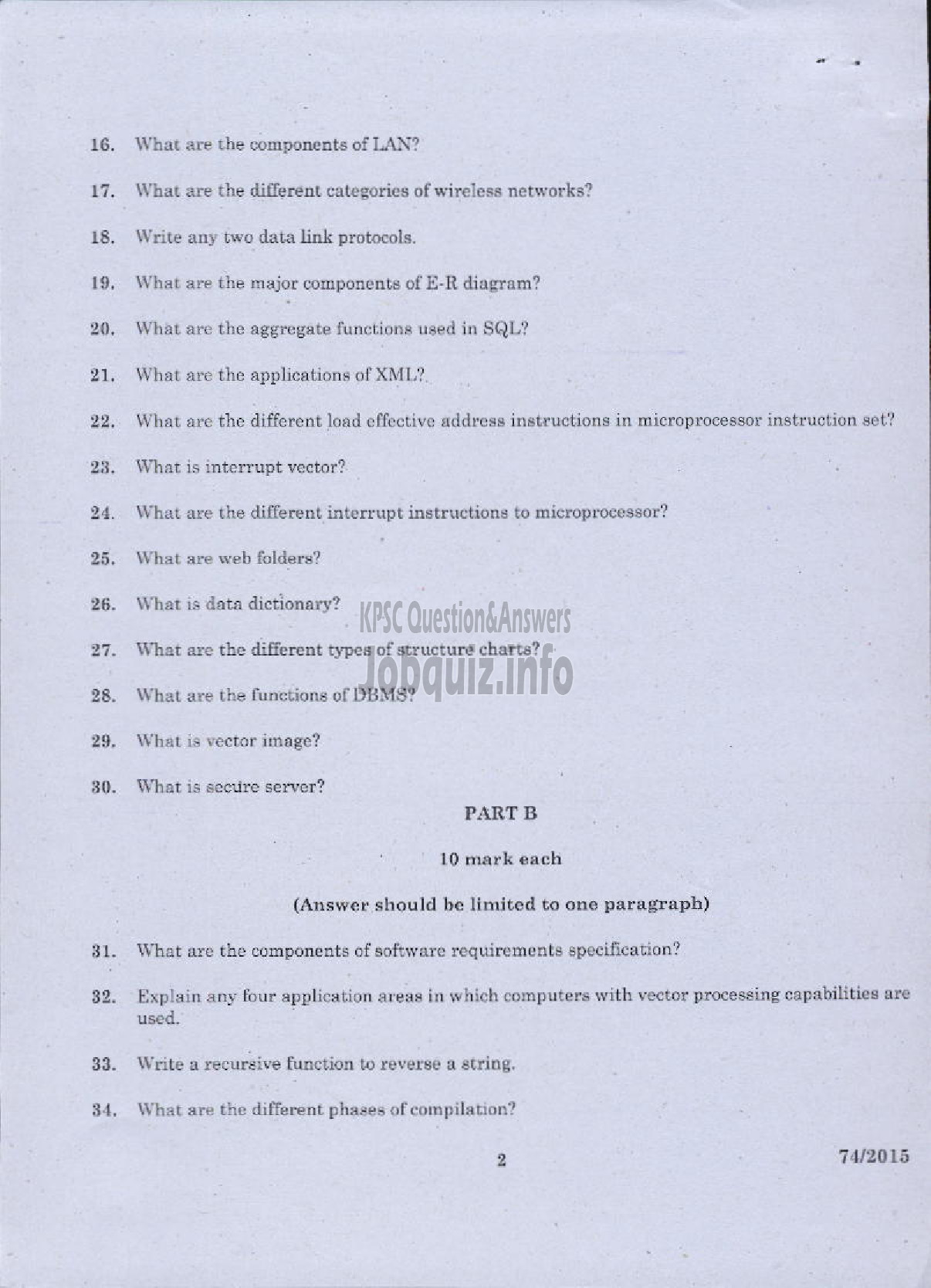 Kerala PSC Question Paper - COMPUTER APPLICATION-2