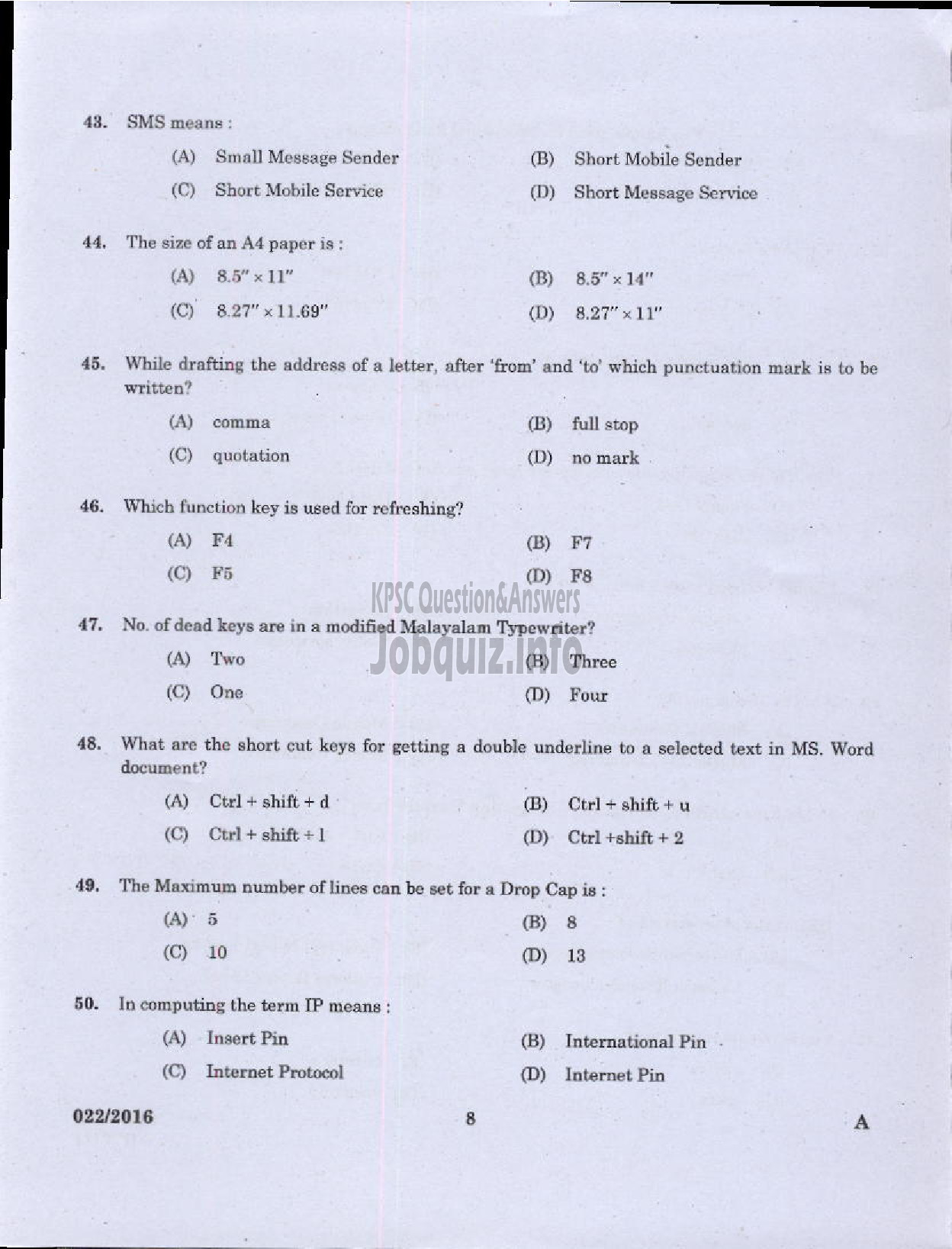 Kerala PSC Question Paper - COMPUTER ASSISTANT GRADE II GOVERNMENT SECRETARIAT KPSC LFAD ADVOCATE GENERALS OFFICE/ FINANCE-6
