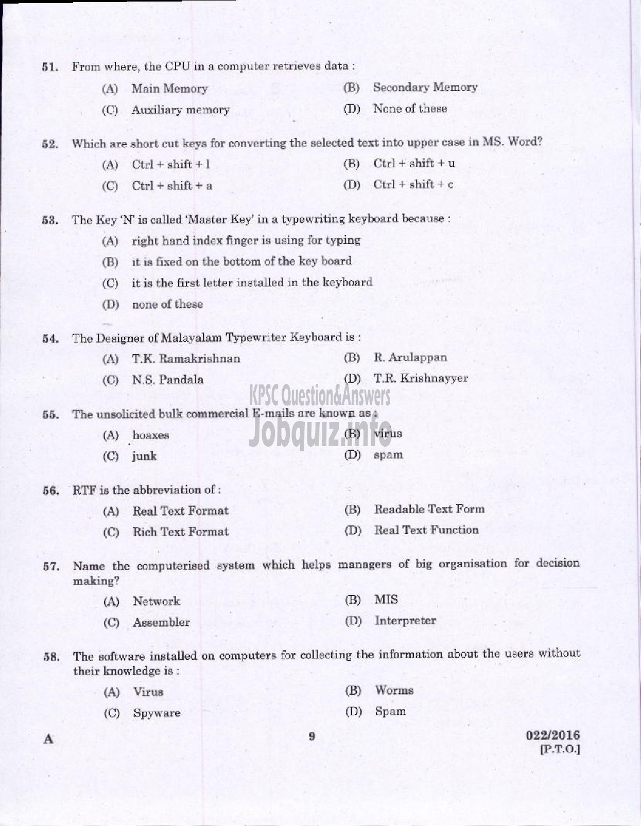 Kerala PSC Question Paper - COMPUTER ASSISTANT GRADE II GOVERNMENT SECRETARIAT KPSC LFAD ADVOCATE GENERALS OFFICE/ FINANCE-7