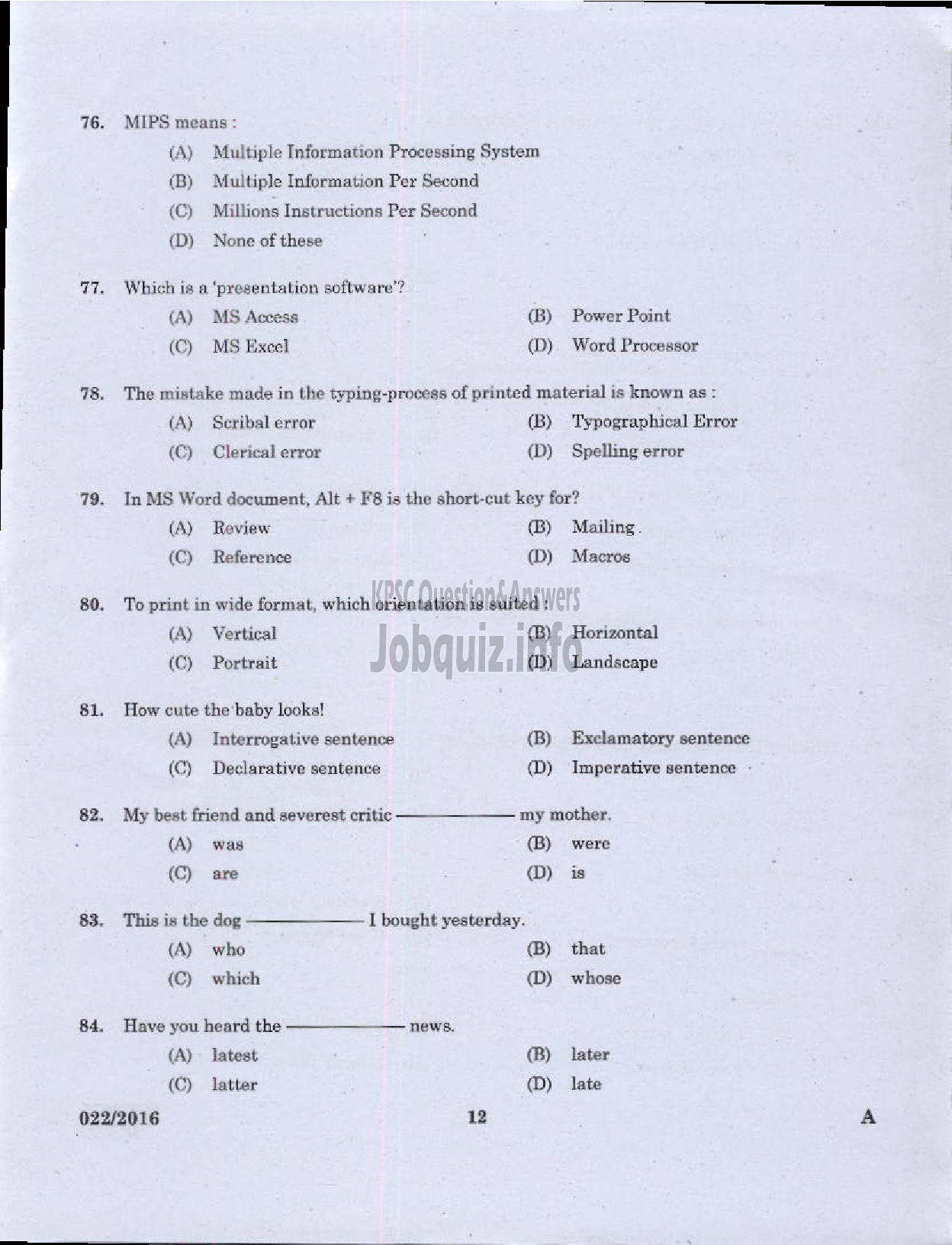 Kerala PSC Question Paper - COMPUTER ASSISTANT GRADE II GOVERNMENT SECRETARIAT KPSC LFAD ADVOCATE GENERALS OFFICE/ FINANCE-10