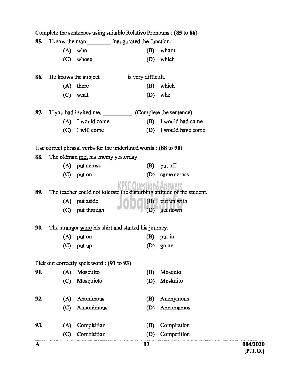 Kerala PSC Question Paper - COMPUTER ASSISTANT GR II In GOVT SECRETARIAT ENGLISH -13