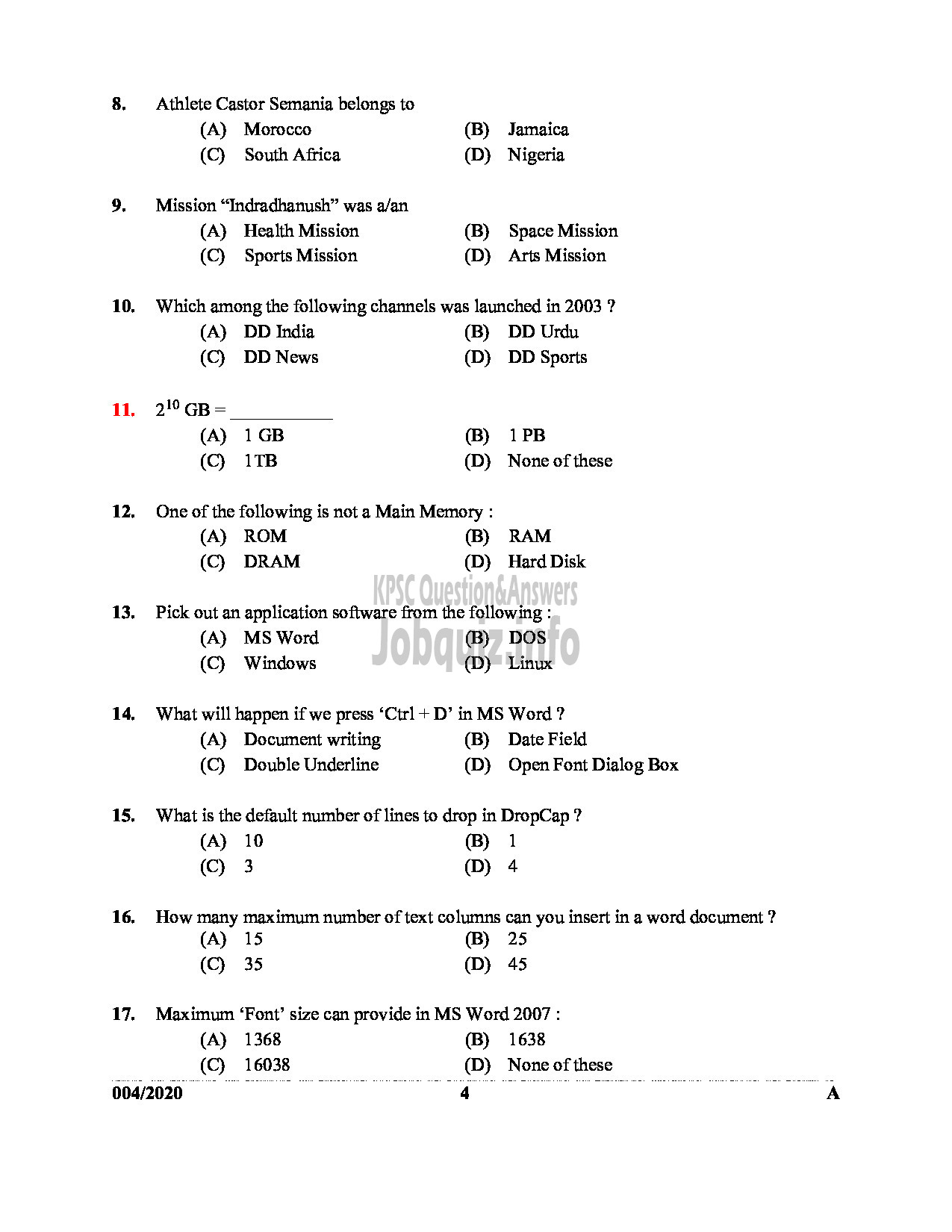 Kerala PSC Question Paper - COMPUTER ASSISTANT GR II In GOVT SECRETARIAT ENGLISH -4