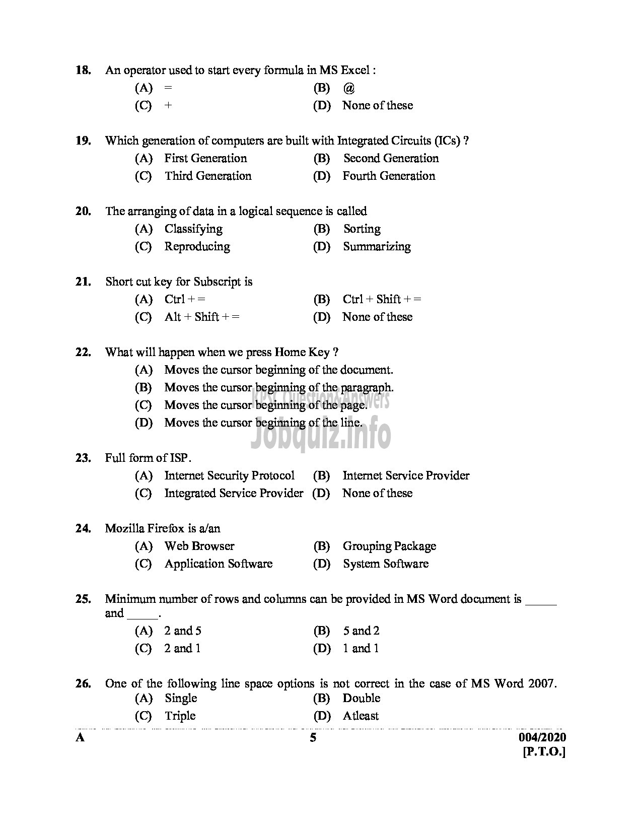 Kerala PSC Question Paper - COMPUTER ASSISTANT GR II In GOVT SECRETARIAT ENGLISH -5