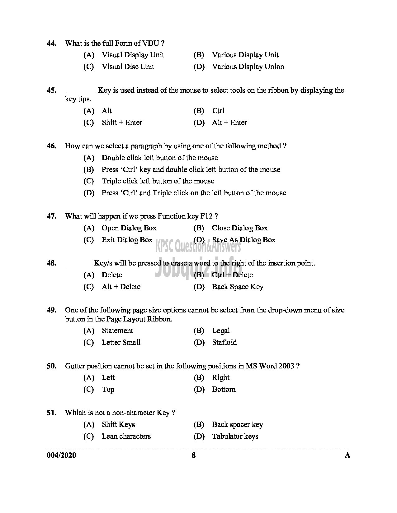 Kerala PSC Question Paper - COMPUTER ASSISTANT GR II In GOVT SECRETARIAT ENGLISH -8