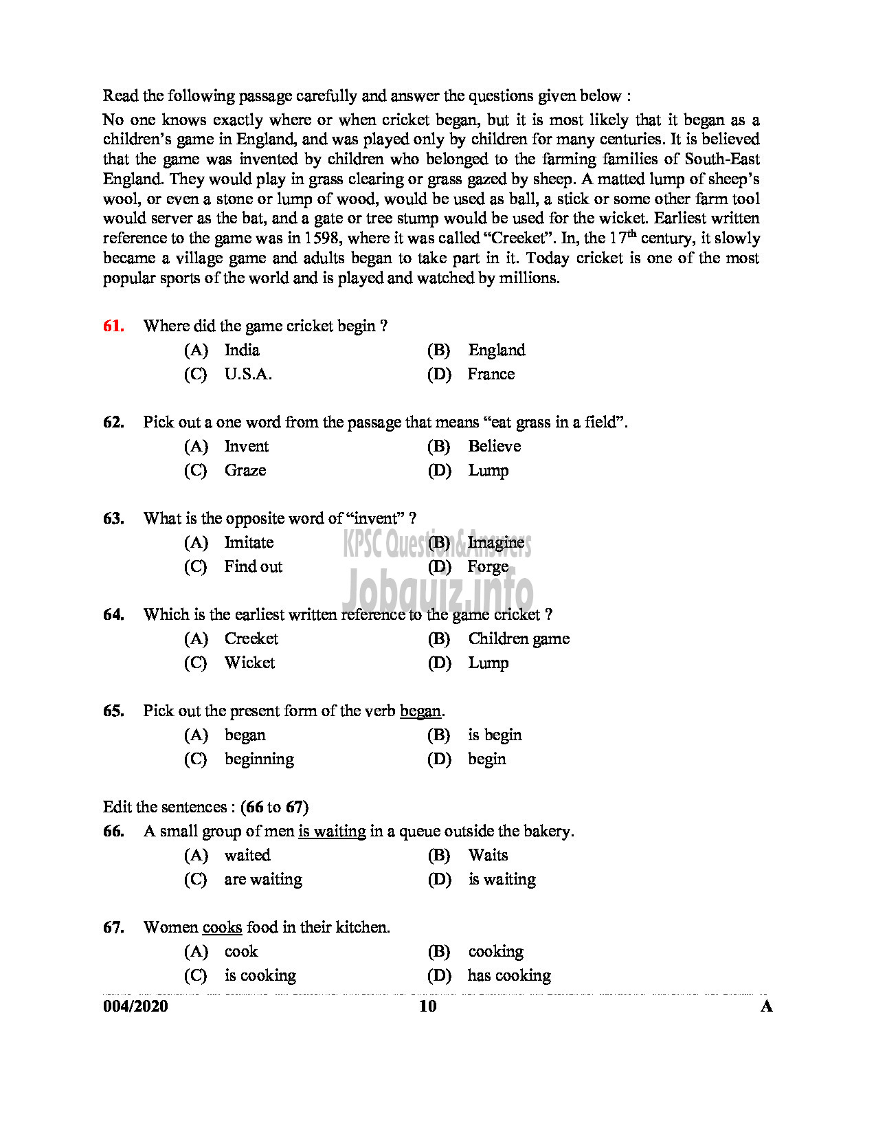 Kerala PSC Question Paper - COMPUTER ASSISTANT GR II In GOVT SECRETARIAT ENGLISH -10