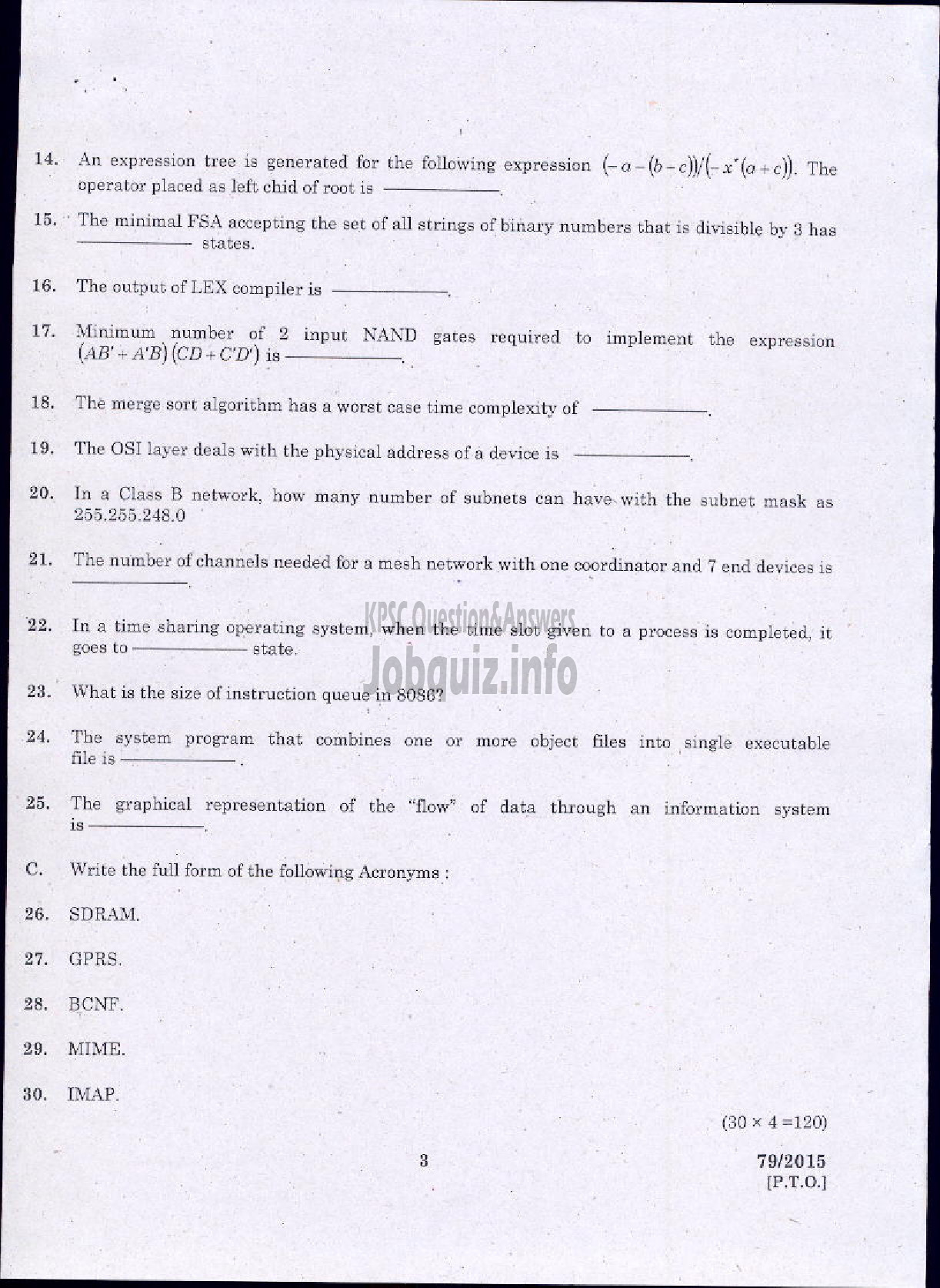 Kerala PSC Question Paper - COMPUTER ENGINEERING-3