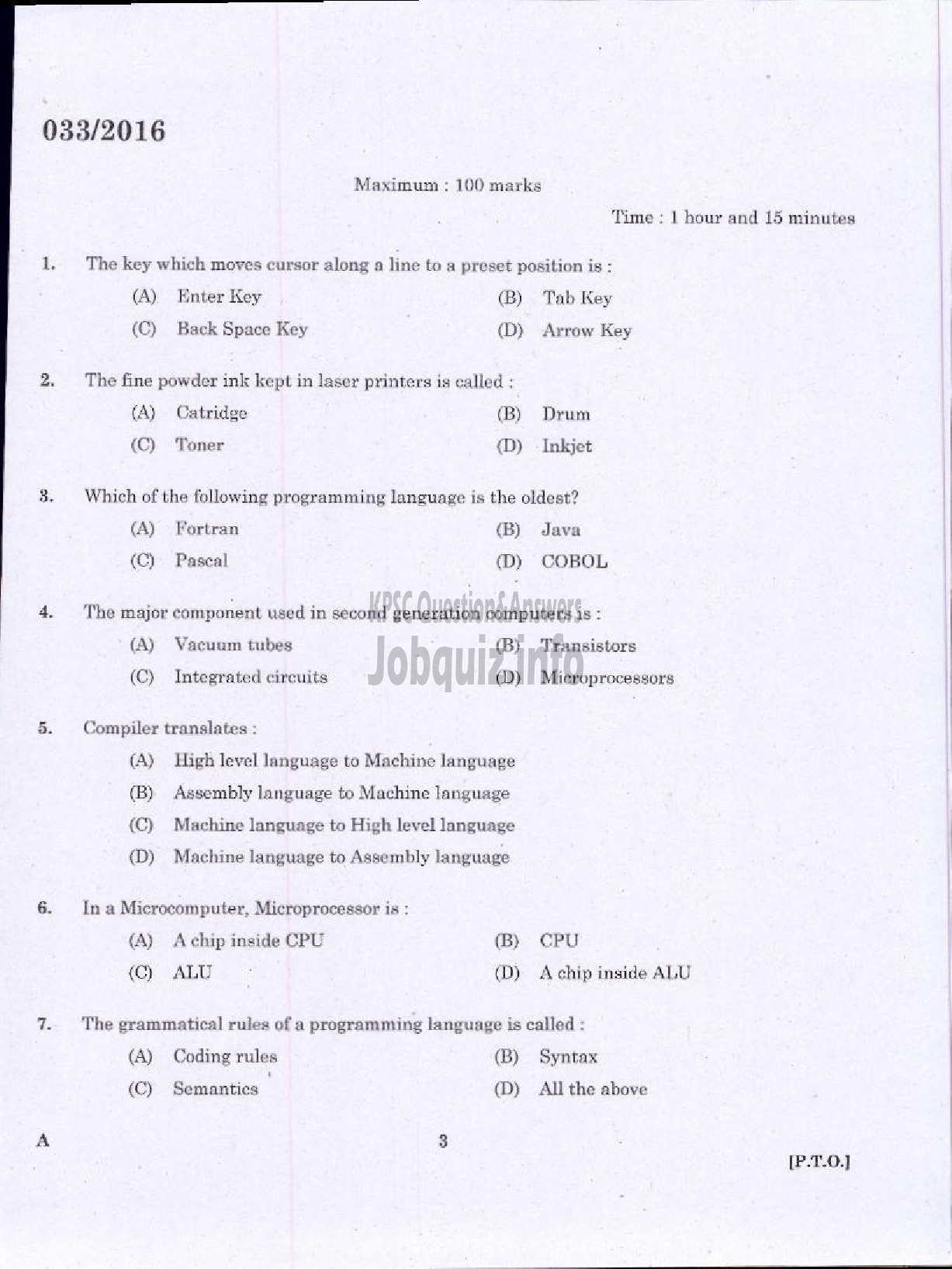 Kerala PSC Question Paper - COMPUTER OPERATOR INFORMATION AND PUBLIC RELATIONS-1