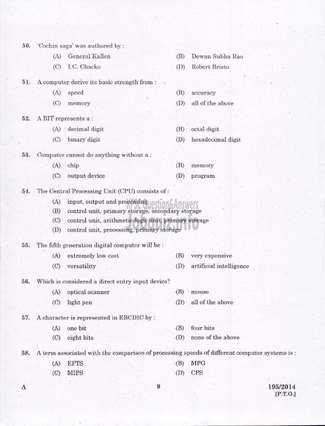 Kerala PSC Question Paper - COMPUTER PROGRAMMER CUM OPERATOR KERALA STATE BEVERAGES / MANUFACTURING AND MARKETING CORPORATION LTD-7