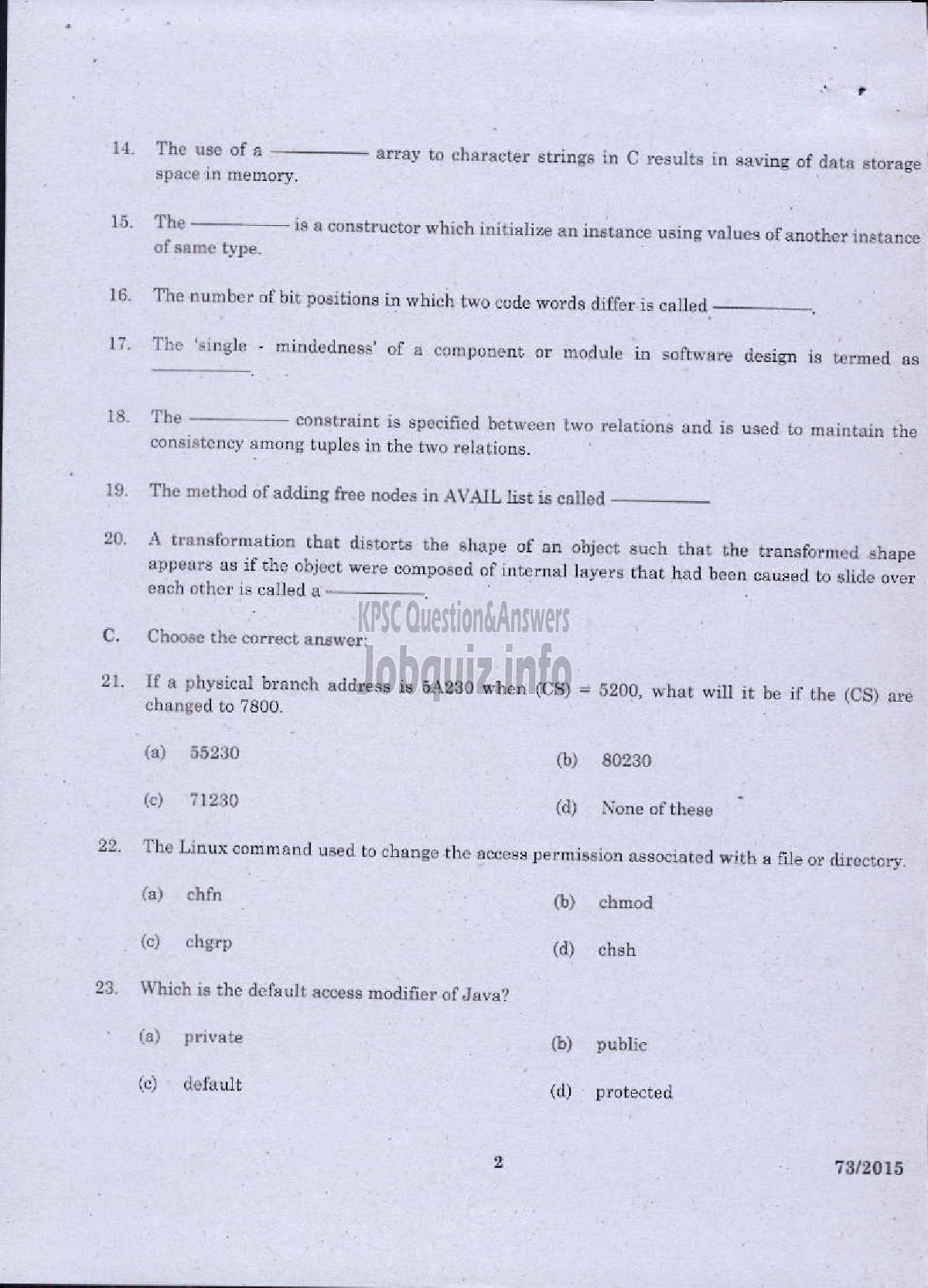 Kerala PSC Question Paper - COMPUTER SCIENCE-2