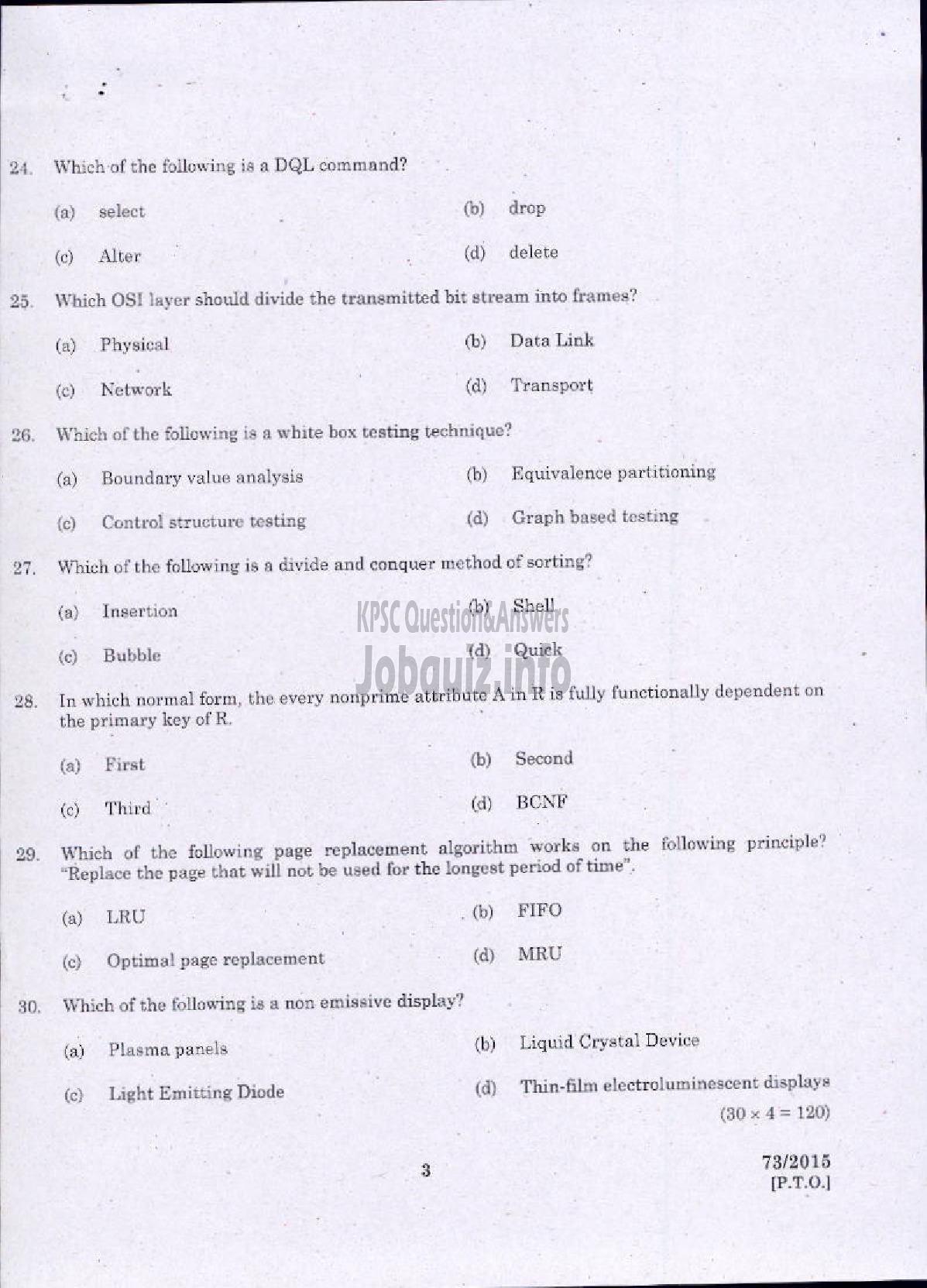 Kerala PSC Question Paper - COMPUTER SCIENCE-3