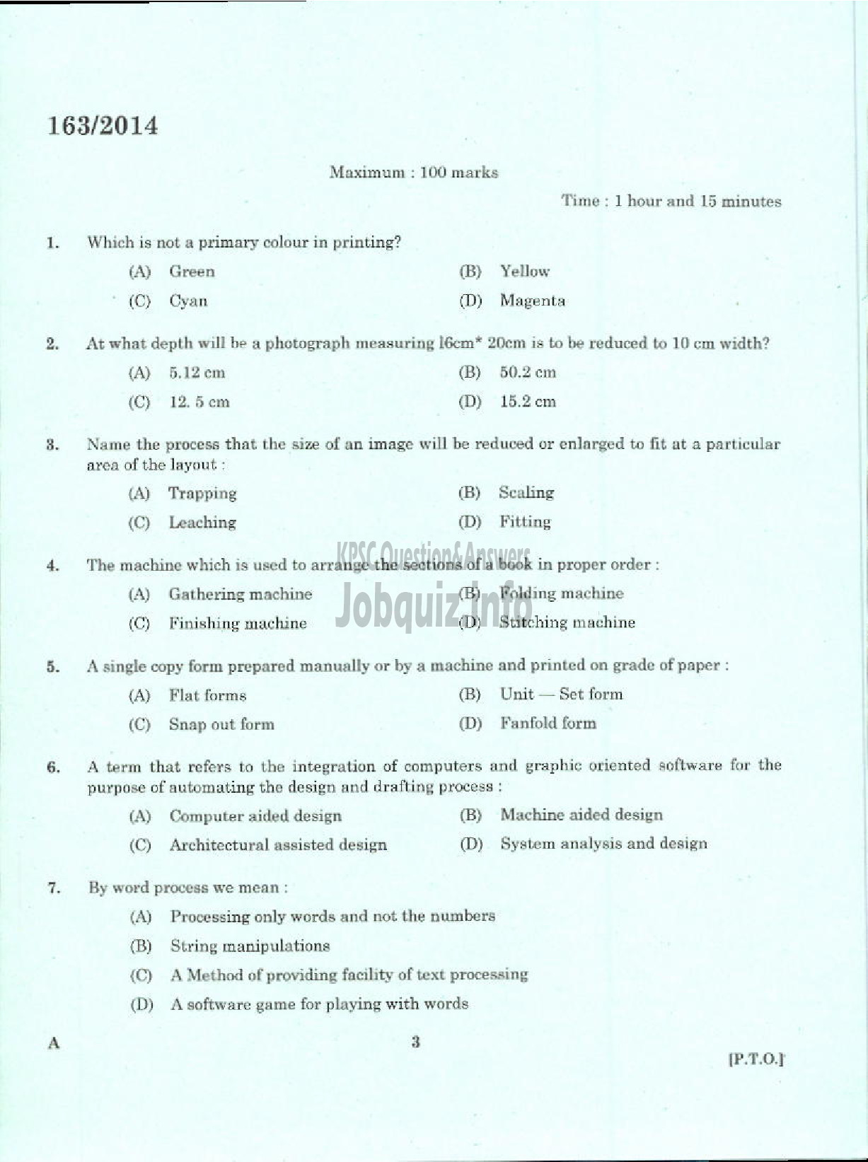 Kerala PSC Question Paper - COPY HOLDER PRINTING GOVT PRESS KTM-1