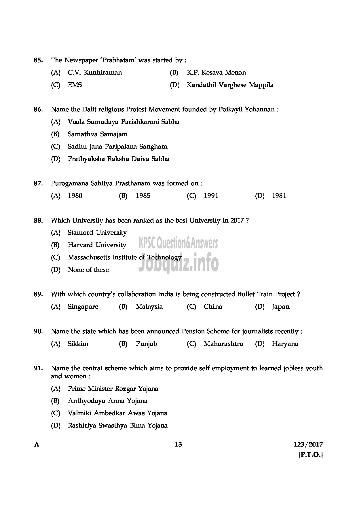 Kerala PSC Question Paper - CSR TECHNICIAN GRII MEDICAL EDUCATION-13