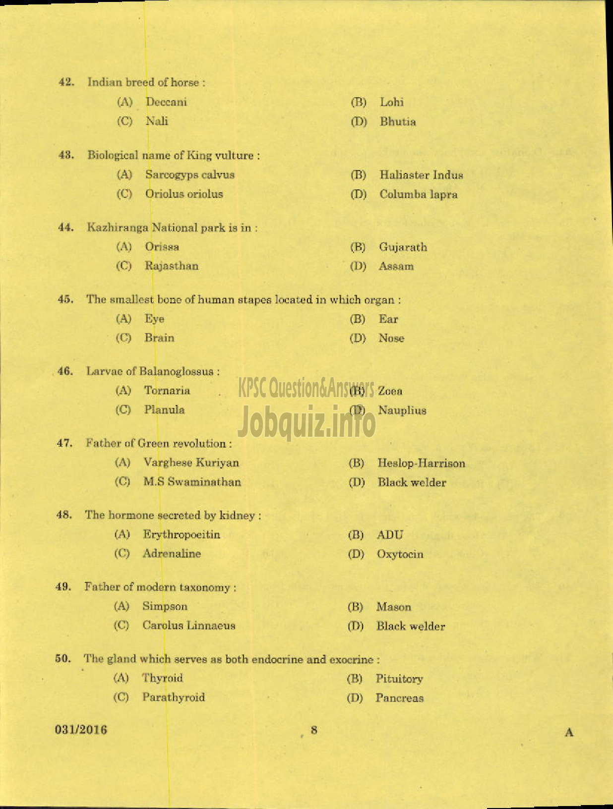 Kerala PSC Question Paper - CURATOR GR II ZOO MUSEUMS AND ZOOS-6