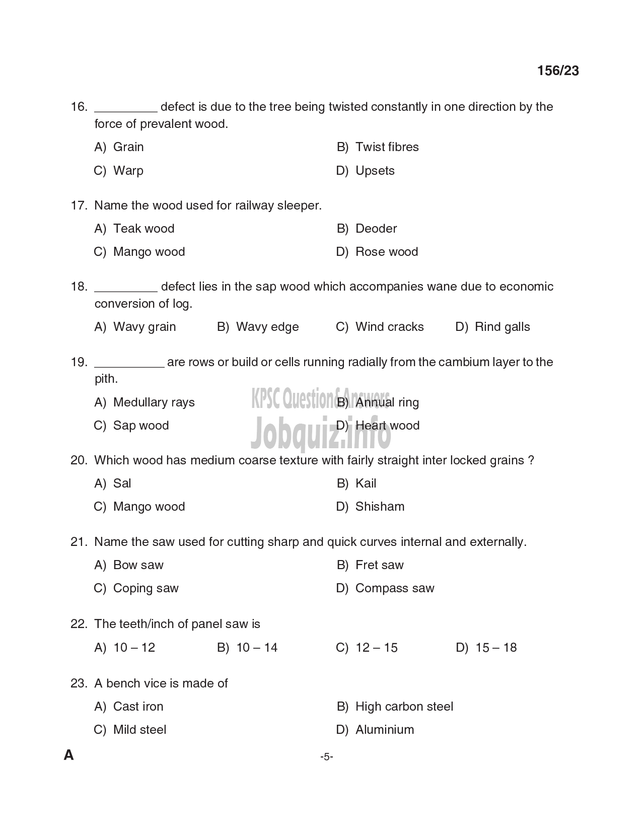 Kerala PSC Question Paper - Carpentry Instructor-5