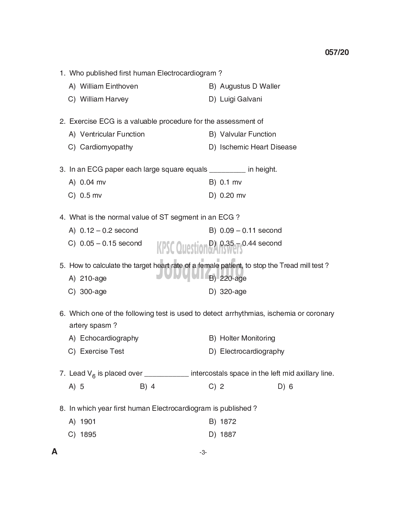 Kerala PSC Question Paper - Cath Lab Technician - Medical Education -3