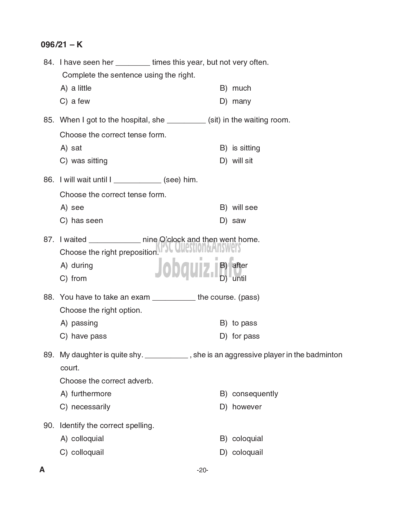 Kerala PSC Question Paper - Common Preliminary Examination (Degree Level)- Stage II - Various -20