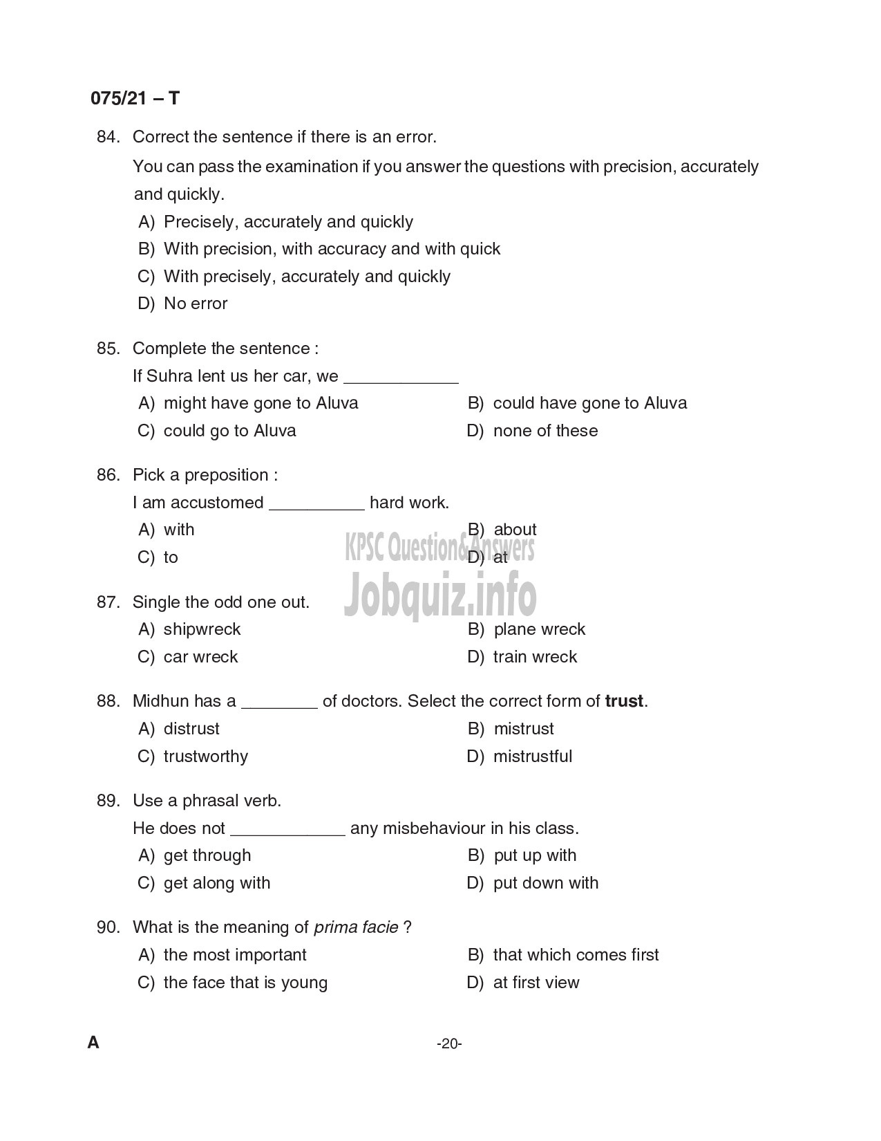 Kerala PSC Question Paper - Common Preliminary Examination (Degree Level)- Stage I- VARIOUS -20