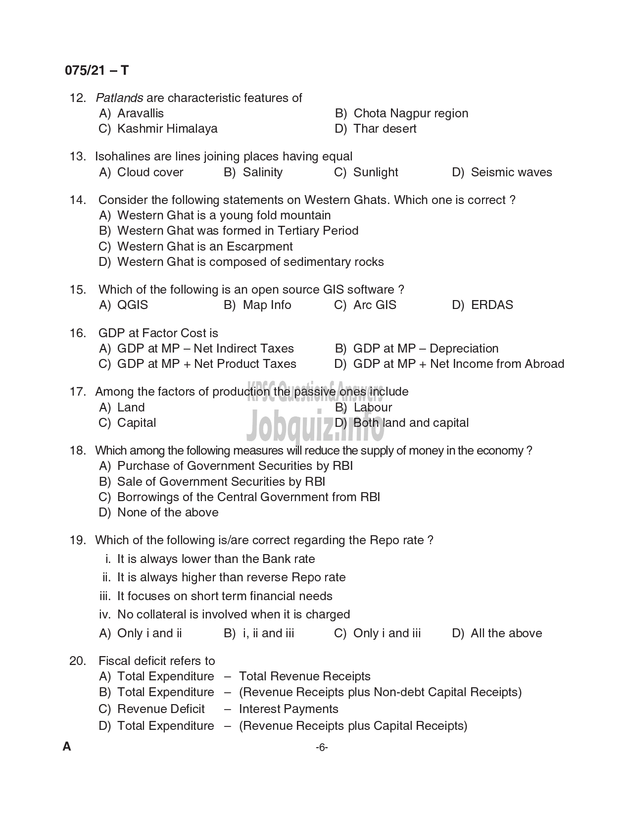 Kerala PSC Question Paper - Common Preliminary Examination (Degree Level)- Stage I- VARIOUS -6