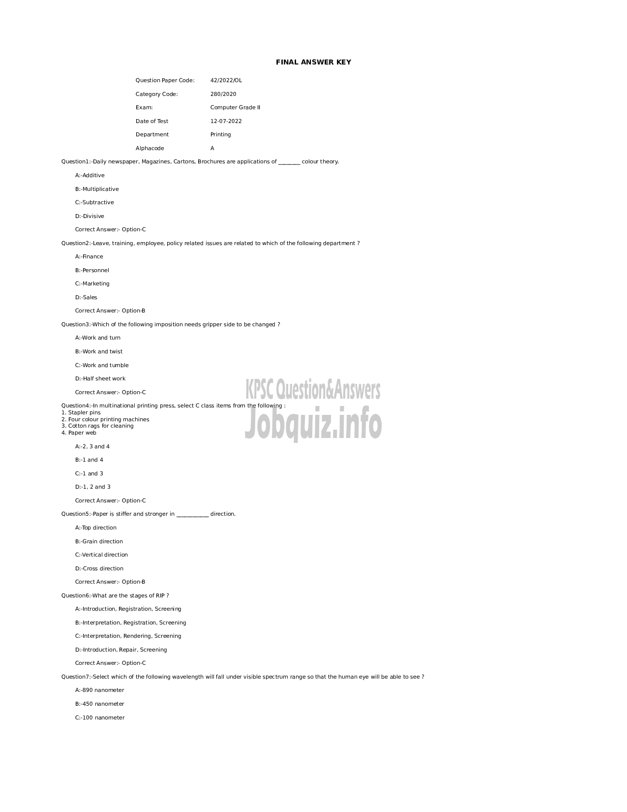 Kerala PSC Question Paper - Computer Grade II-1