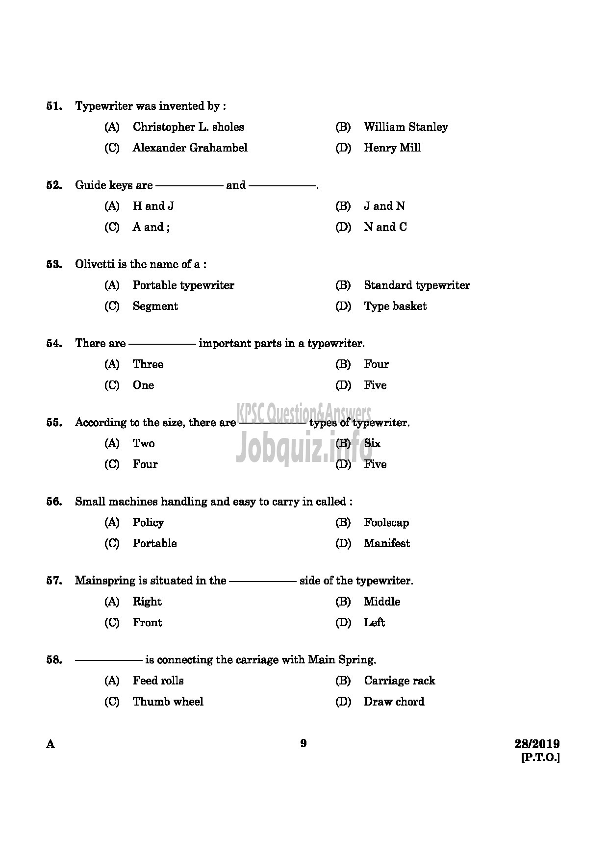 Kerala PSC Question Paper - Confidential Assistant Various Dept / LD Typist Various Dept / Typist Clerk Govt Comp -7