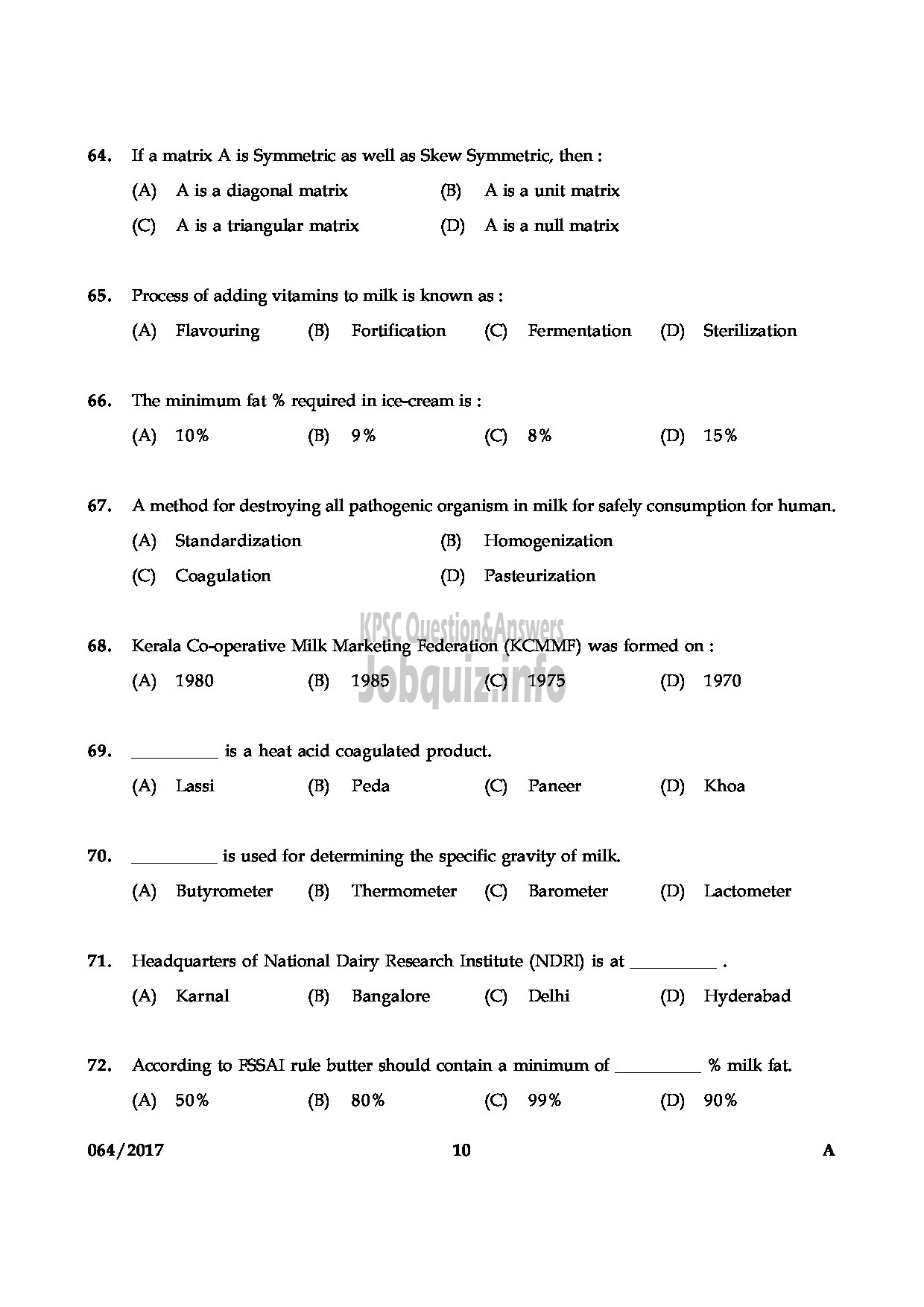 Kerala PSC Question Paper - DAIRY FARM INSTRUCTOR KERALA DAIRY DEVELOPMENT QUESTION PAPER-9