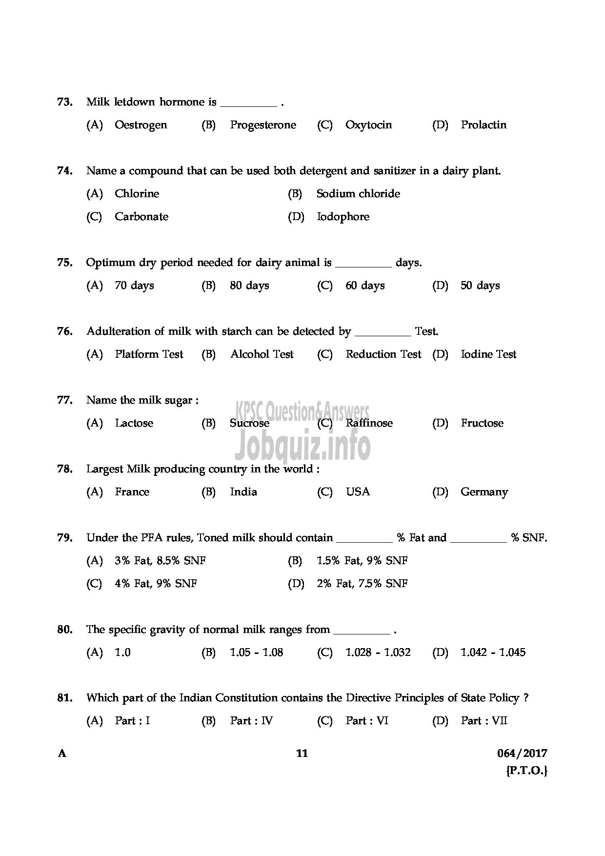 Kerala PSC Question Paper - DAIRY FARM INSTRUCTOR KERALA DAIRY DEVELOPMENT QUESTION PAPER-10