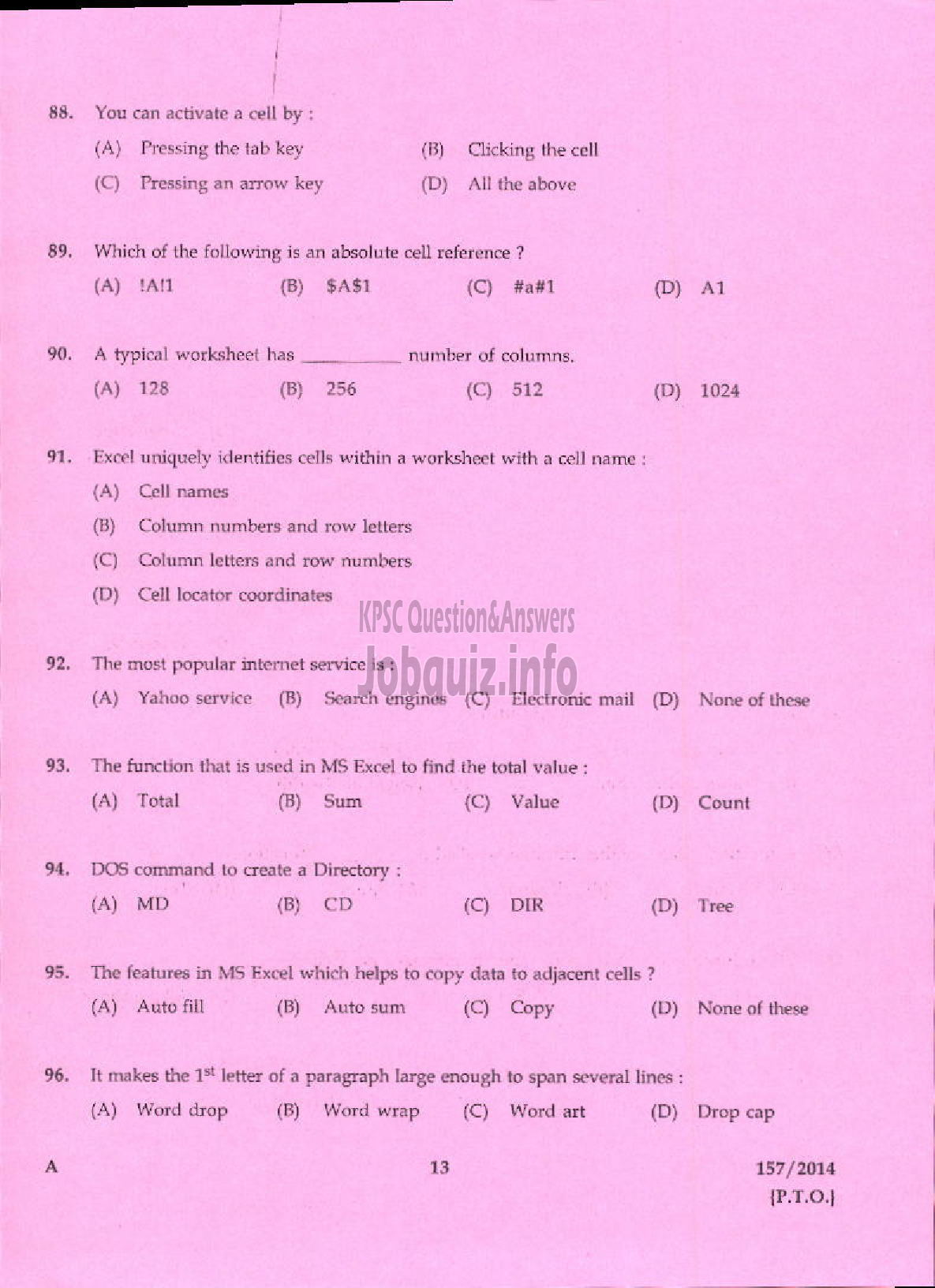 Kerala PSC Question Paper - DATA ENTRY OPERATOR APEX SOCIETIES OF CO OPERATIVE SECTOR IN KERALA / KERALA STATE CO OPERATIVE BANK LTDI / DCB-11