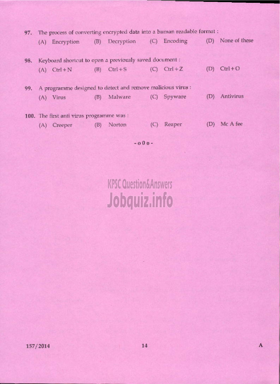 Kerala PSC Question Paper - DATA ENTRY OPERATOR APEX SOCIETIES OF CO OPERATIVE SECTOR IN KERALA / KERALA STATE CO OPERATIVE BANK LTDI / DCB-12