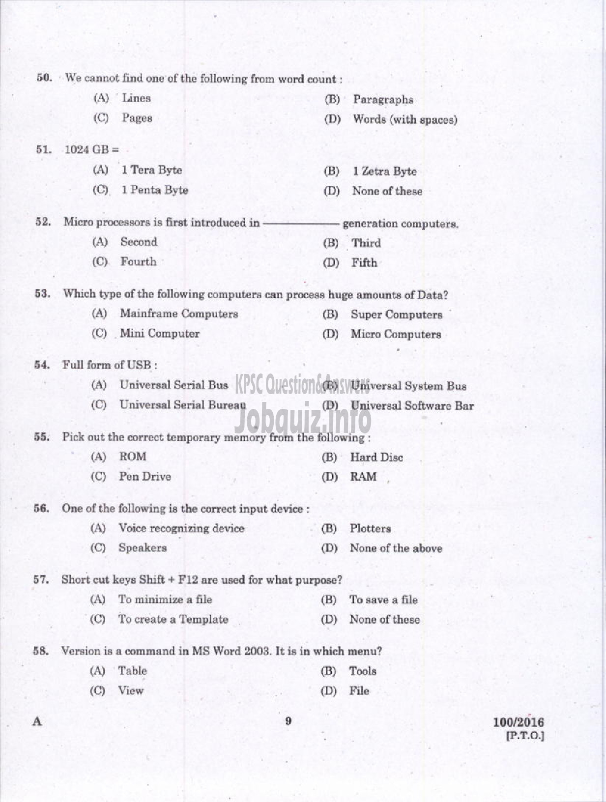 Kerala PSC Question Paper - DATA ENTRY OPERATOR DCB-7