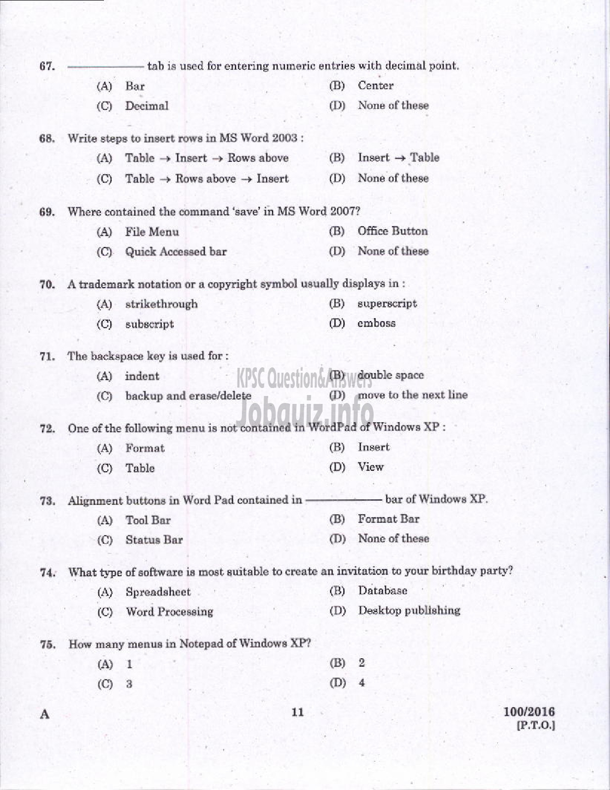 Kerala PSC Question Paper - DATA ENTRY OPERATOR DCB-9