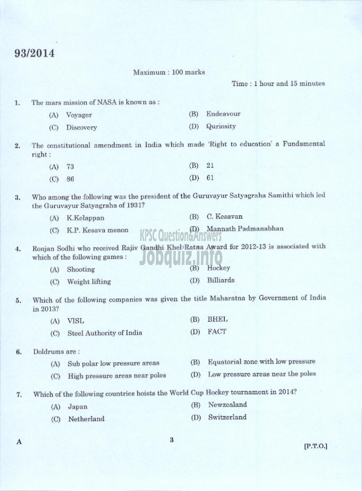 Kerala PSC Question Paper - DEMONSTRATOR IN TOOL AND DIE ENGINEERING TECHNICAL EDUCATION DEPARTMENT-1