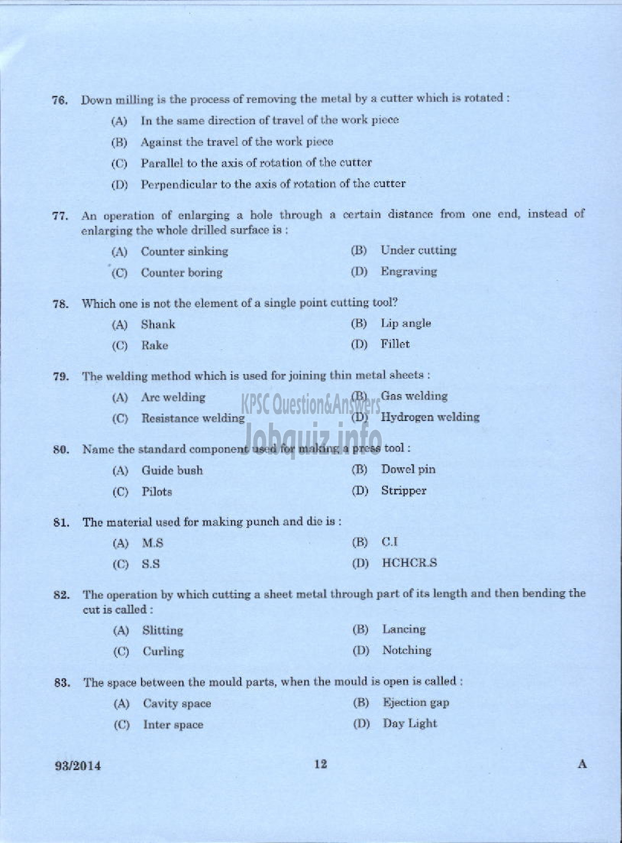 Kerala PSC Question Paper - DEMONSTRATOR IN TOOL AND DIE ENGINEERING TECHNICAL EDUCATION DEPARTMENT-8