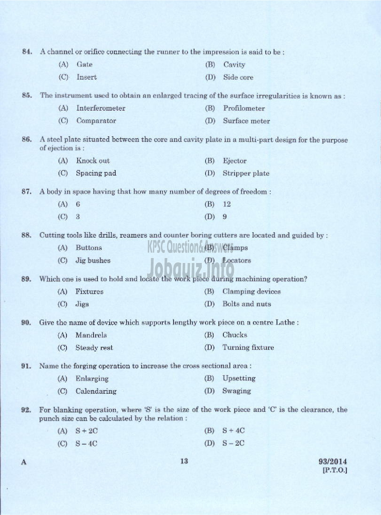 Kerala PSC Question Paper - DEMONSTRATOR IN TOOL AND DIE ENGINEERING TECHNICAL EDUCATION DEPARTMENT-9