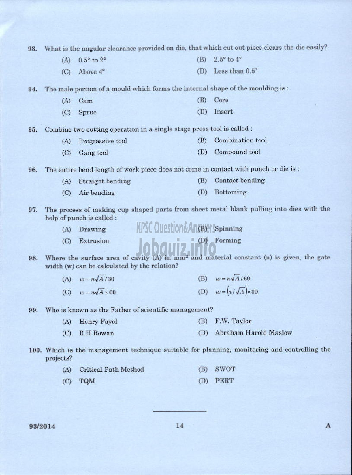 Kerala PSC Question Paper - DEMONSTRATOR IN TOOL AND DIE ENGINEERING TECHNICAL EDUCATION DEPARTMENT-10