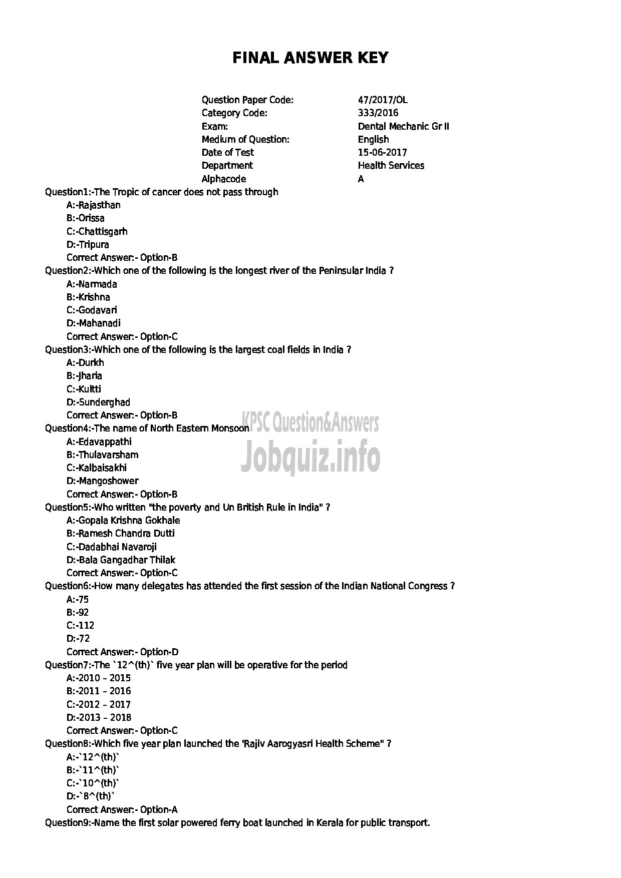 Kerala PSC Question Paper - DENTAL MECHANIC GR II HEALTH SERVICES-1