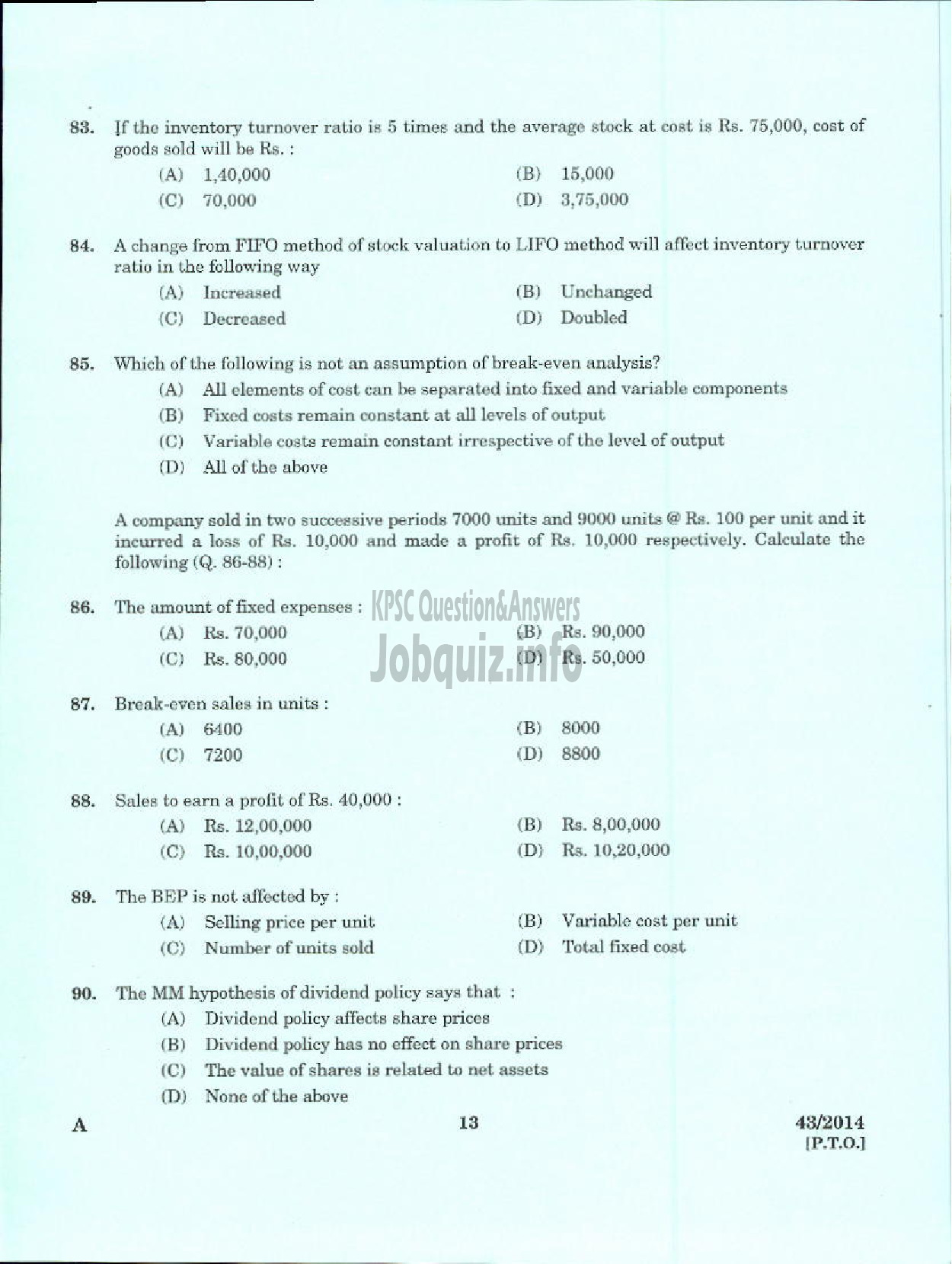 Kerala PSC Question Paper - DEPUTY GENERAL MANAGER DCB IDKY AND KSGD PART I AND PART II-11