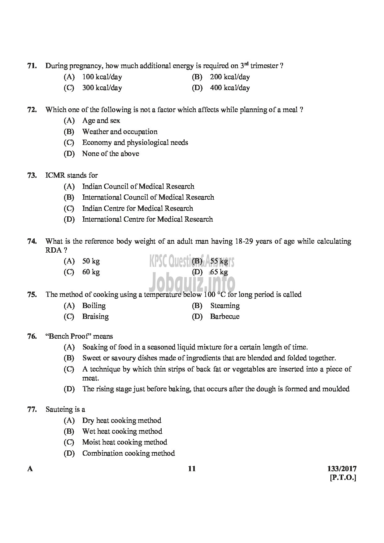 Kerala PSC Question Paper - DIETICIAN GR.II HEALTH SERVICES-11