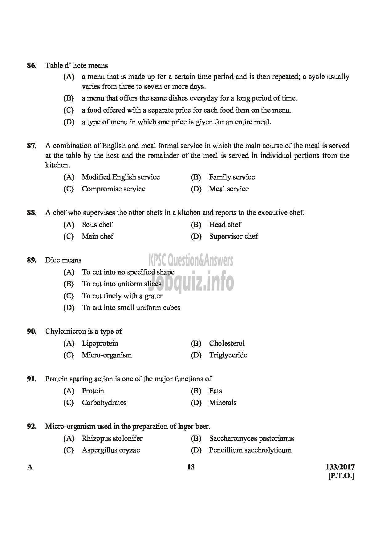 Kerala PSC Question Paper - DIETICIAN GR.II HEALTH SERVICES-13