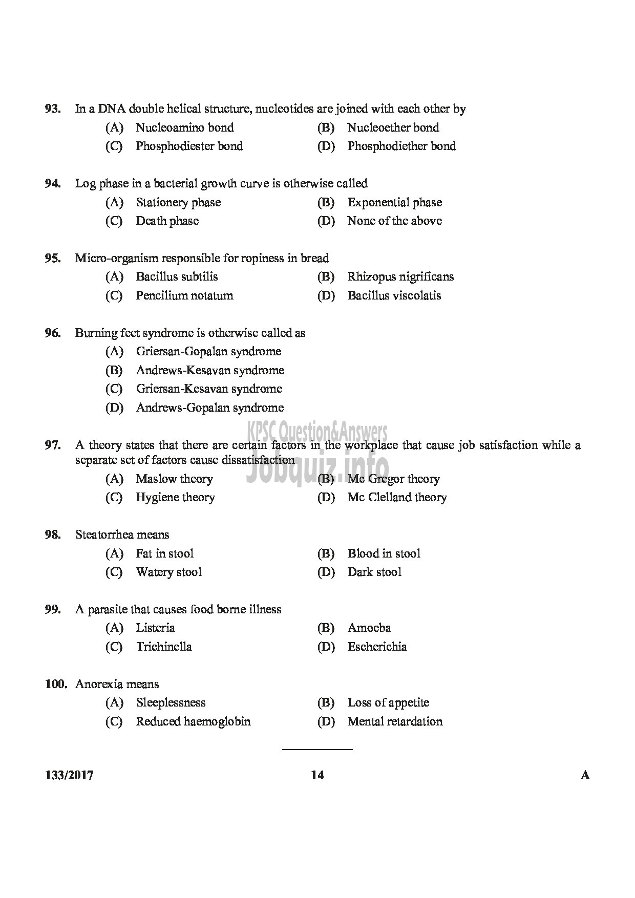 Kerala PSC Question Paper - DIETICIAN GR.II HEALTH SERVICES-14