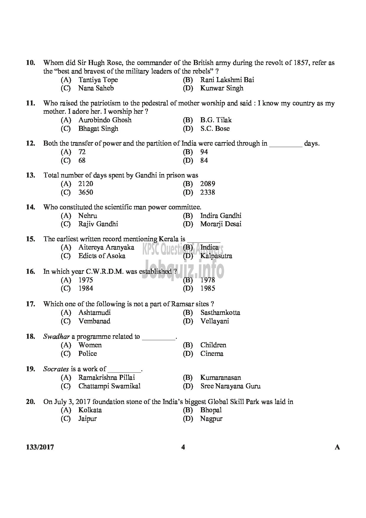 Kerala PSC Question Paper - DIETICIAN GR.II HEALTH SERVICES-4