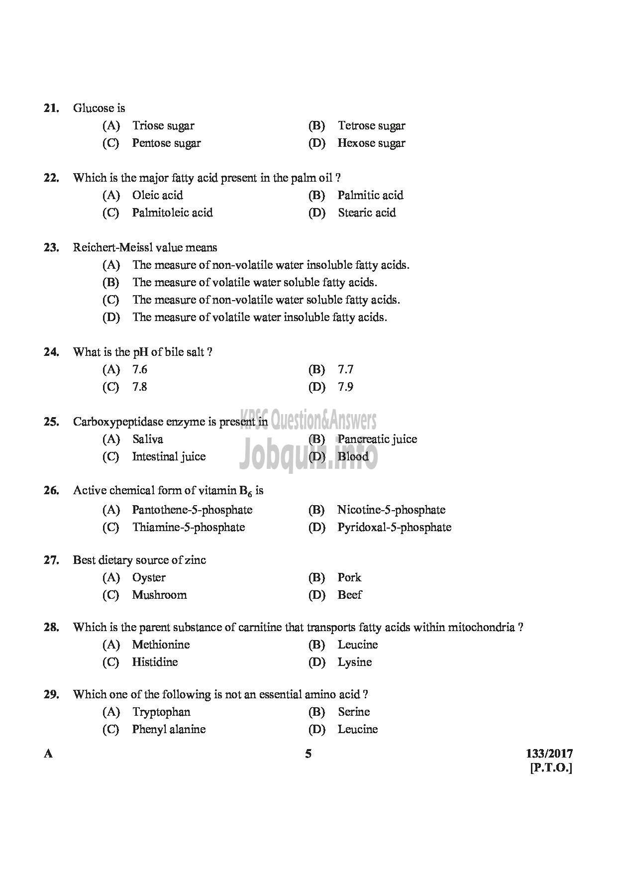 Kerala PSC Question Paper - DIETICIAN GR.II HEALTH SERVICES-5