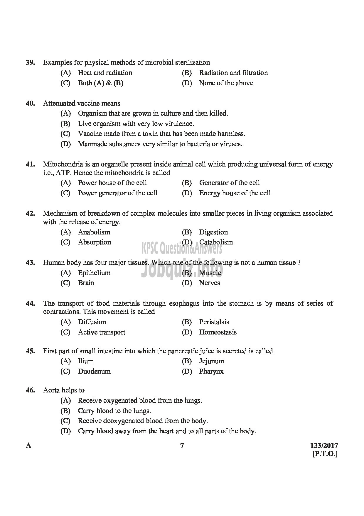 Kerala PSC Question Paper - DIETICIAN GR.II HEALTH SERVICES-7