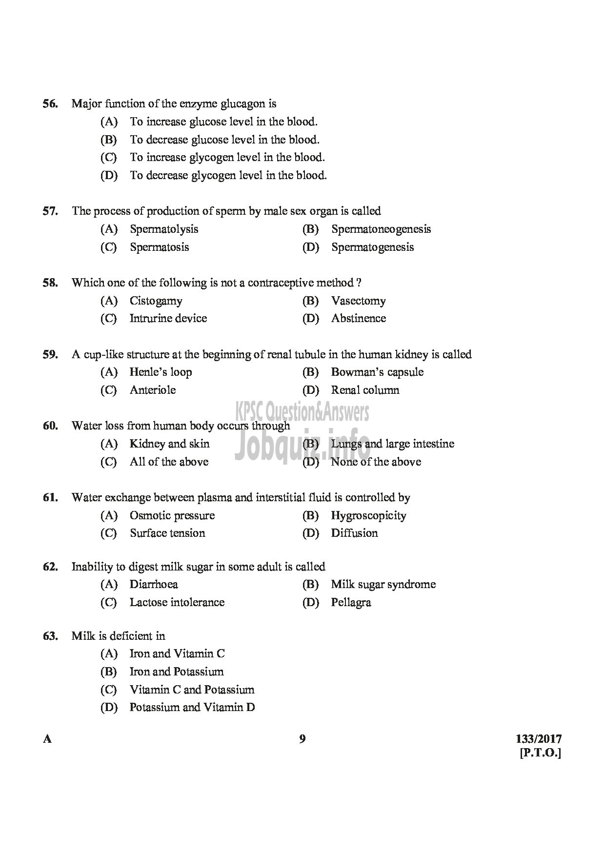 Kerala PSC Question Paper - DIETICIAN GR.II HEALTH SERVICES-9