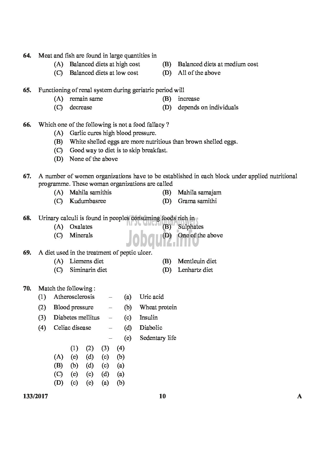 Kerala PSC Question Paper - DIETICIAN GR.II HEALTH SERVICES-10