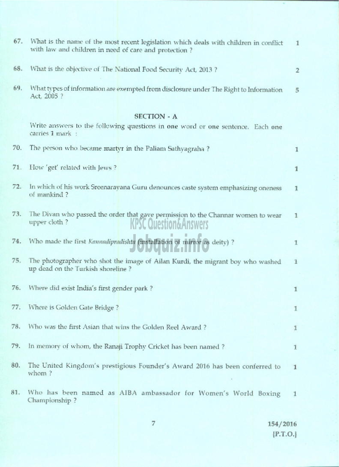 Kerala PSC Question Paper - DIVISIONAL ACCOUNTANT KERALA WATER AUTHORITY PART I GK-7