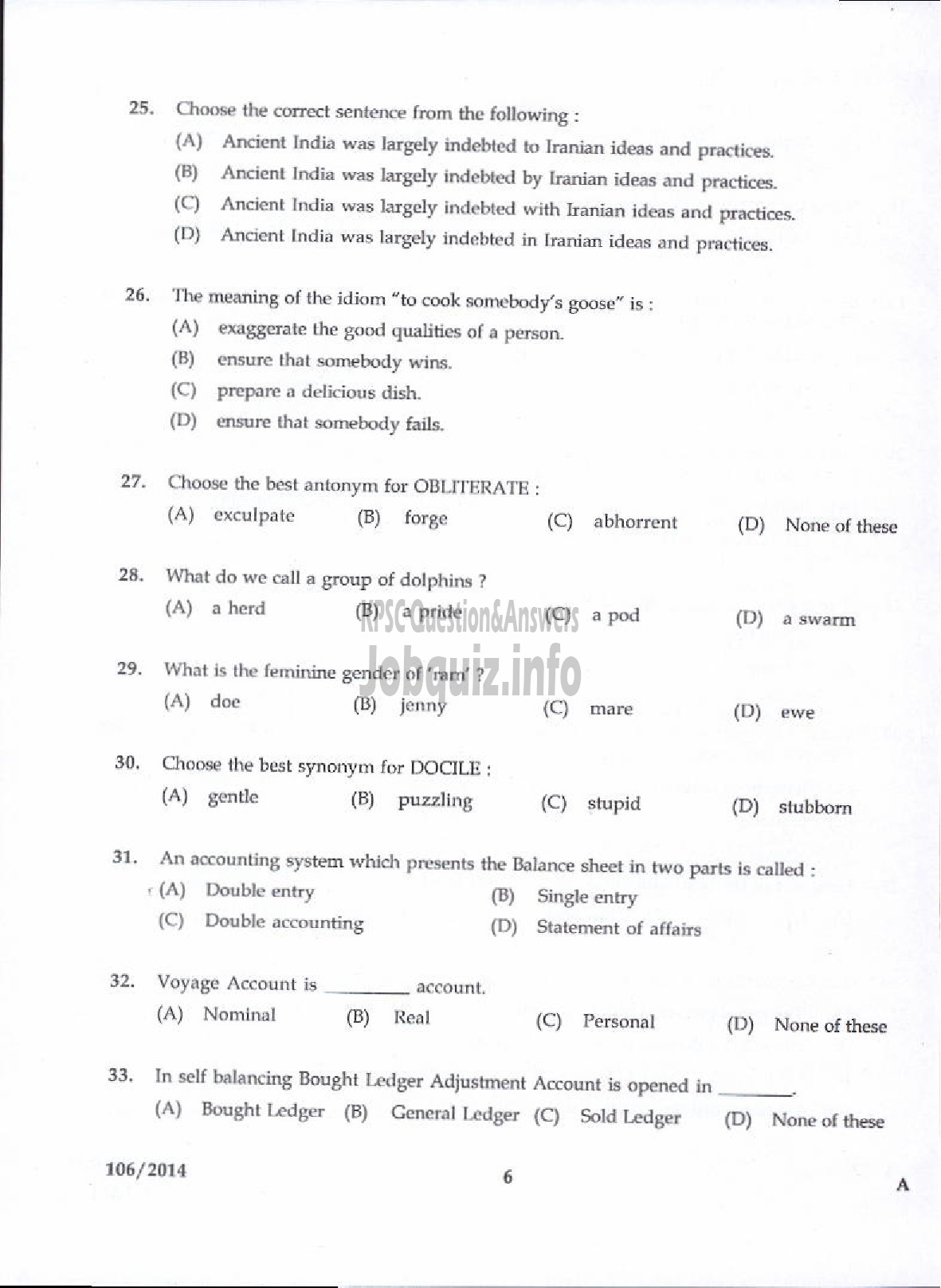 Kerala PSC Question Paper - DIVISIONAL ACCOUNTANT KERALA WATER AUTHORITY PRELIMINARY TEST-4