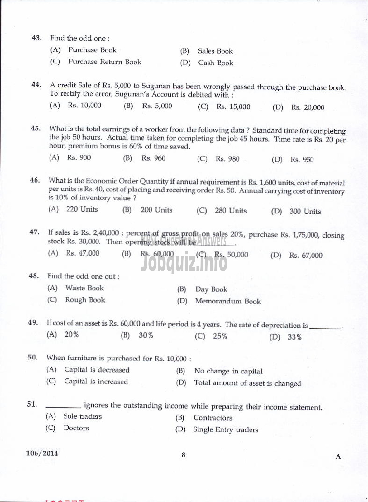 Kerala PSC Question Paper - DIVISIONAL ACCOUNTANT KERALA WATER AUTHORITY PRELIMINARY TEST-6