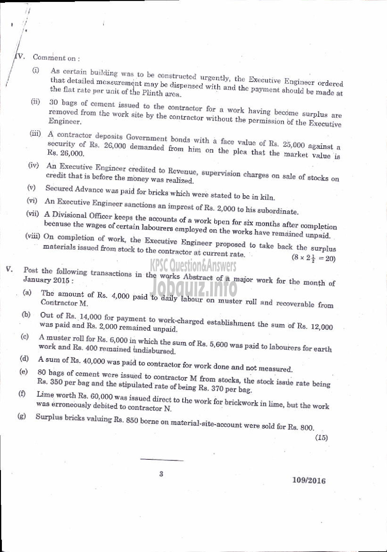 Kerala PSC Question Paper - DIVISIONAL ACCOUNTANT KSEB PAPER II KERALA PUBLIC WORKS ACCOUNT CODE-3