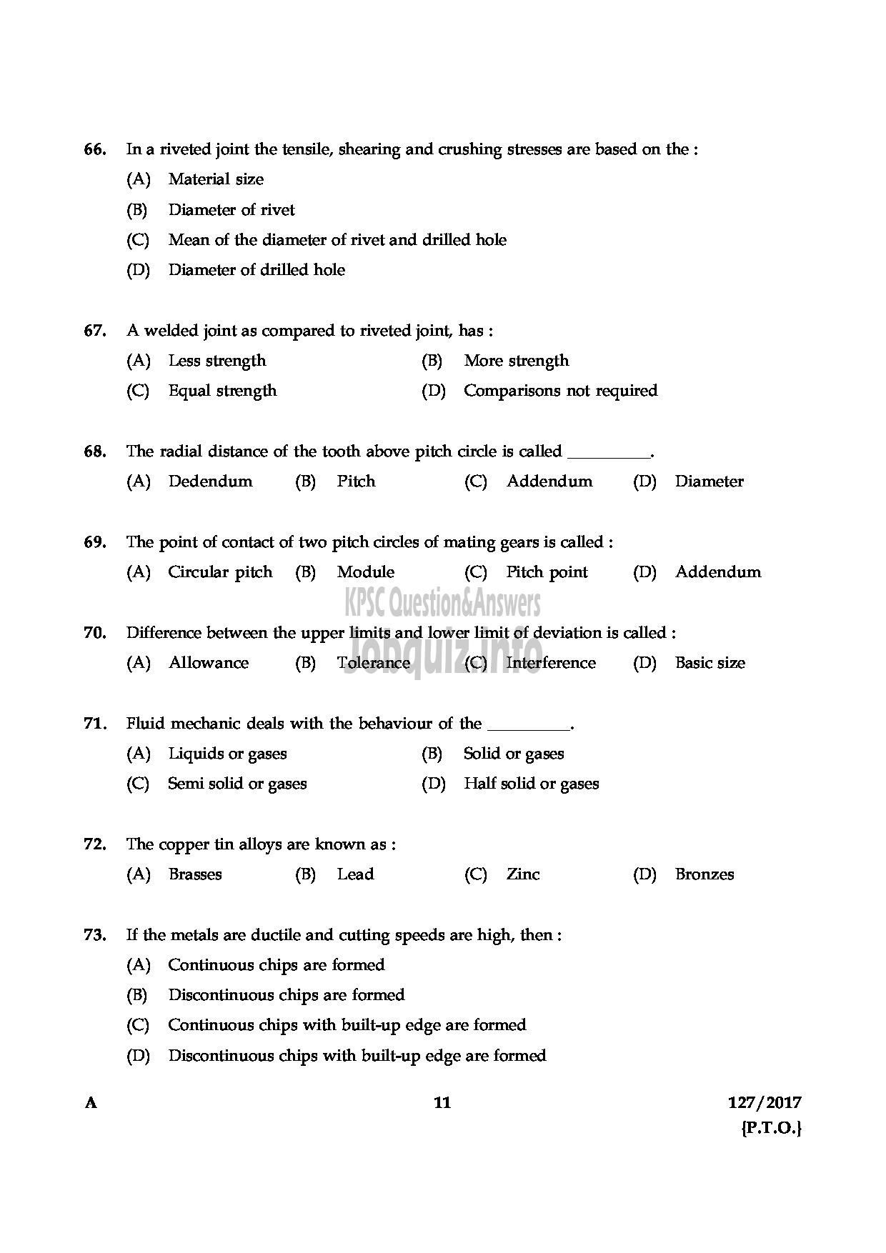 Kerala PSC Question Paper - DRAFTMAN GR II MECHANICAL PORT DPT-11